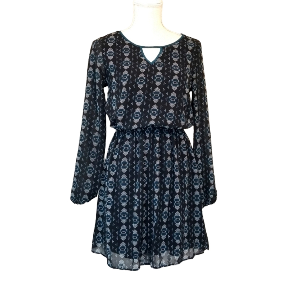 Xhilaration | Women Small | Black Blue Sheer Layered Waist Cinched Dress